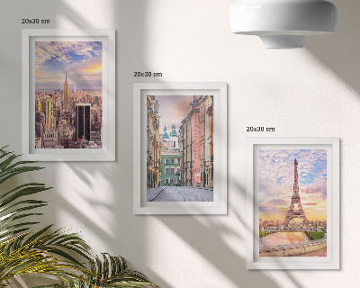 Posterpaket Utsikt över städerna New York, Paris och Warszawa i skymningen