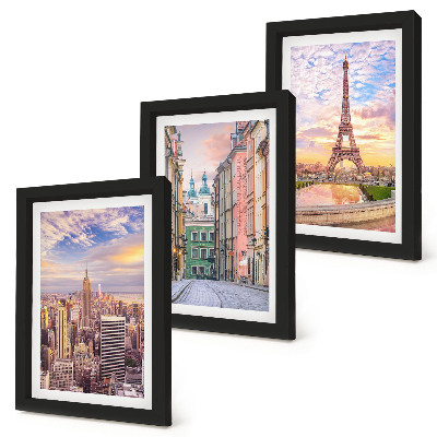 Posterpaket Utsikt över städerna New York, Paris och Warszawa i skymningen