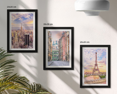 Posterpaket Utsikt över städerna New York, Paris och Warszawa i skymningen