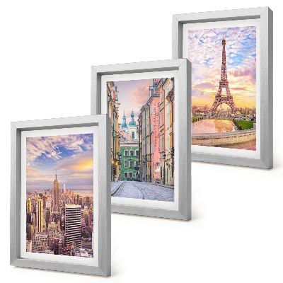 Posterpaket Utsikt över städerna New York, Paris och Warszawa i skymningen