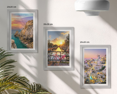 Triptyk tavla med ram Havsutsikt med solnedgång och stad