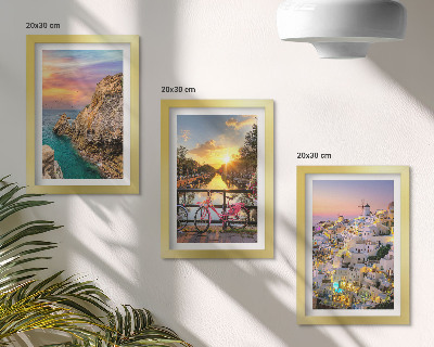 Triptyk tavla med ram Havsutsikt med solnedgång och stad