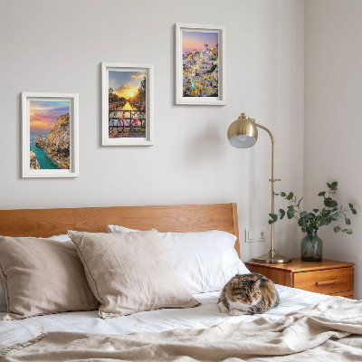 Triptyk tavla med ram Havsutsikt med solnedgång och stad