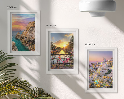 Triptyk tavla med ram Havsutsikt med solnedgång och stad