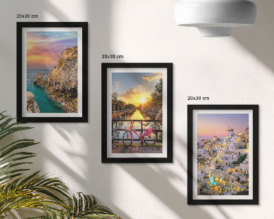 Triptyk tavla med ram Havsutsikt med solnedgång och stad