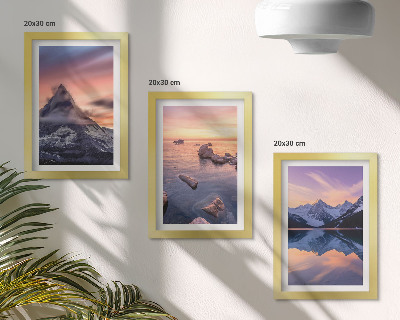 Triptyk tavla med ram Landskap med berg, sjöar och solnedgångar