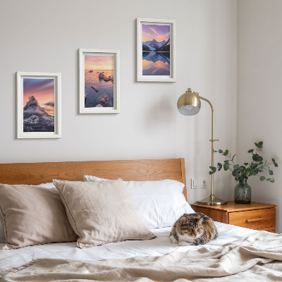 Triptyk tavla med ram Landskap med berg, sjöar och solnedgångar