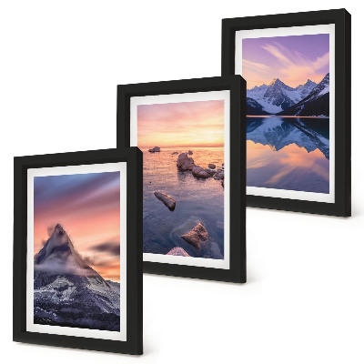 Triptyk tavla med ram Landskap med berg, sjöar och solnedgångar