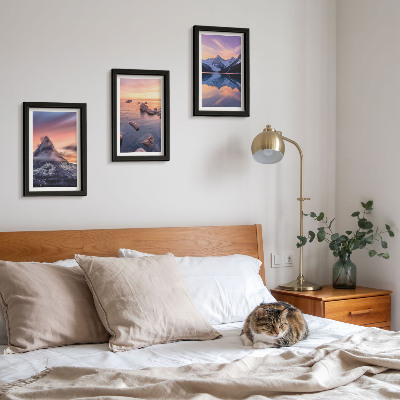 Triptyk tavla med ram Landskap med berg, sjöar och solnedgångar