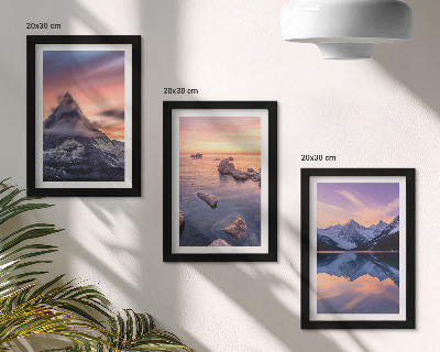 Triptyk tavla med ram Landskap med berg, sjöar och solnedgångar