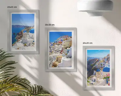 Posterpaket landskapsarkitektur med utsikt över staden Oia på Santorini i Grekland