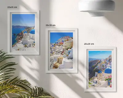 Posterpaket landskapsarkitektur med utsikt över staden Oia på Santorini i Grekland
