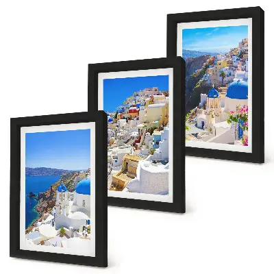 Posterpaket landskapsarkitektur med utsikt över staden Oia på Santorini i Grekland