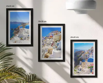 Posterpaket landskapsarkitektur med utsikt över staden Oia på Santorini i Grekland