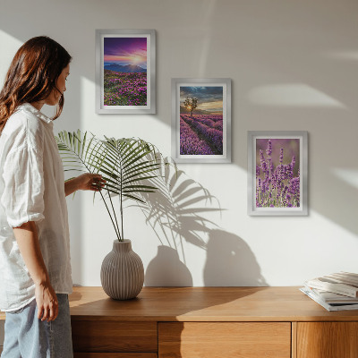 Triptyk tavla med ram Landskap med lavendelfält och solnedgång
