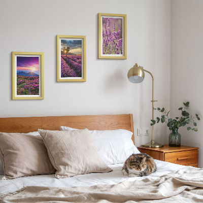 Triptyk tavla med ram Landskap med lavendelfält och solnedgång