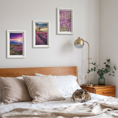 Triptyk tavla med ram Landskap med lavendelfält och solnedgång