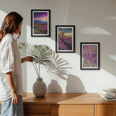 Triptyk tavla med ram Landskap med lavendelfält och solnedgång