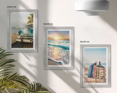 Tavelvägg med 3 tavlor med motiv av solnedgång över havet i Miami