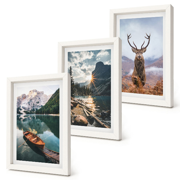 Triptyk tavla med ram Bergsjö båt solnedgång hjort i naturen