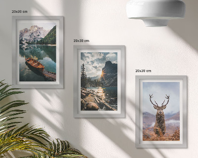 Triptyk tavla med ram Bergsjö båt solnedgång hjort i naturen