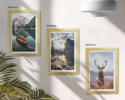 Triptyk tavla med ram Bergsjö båt solnedgång hjort i naturen