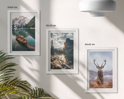 Triptyk tavla med ram Bergsjö båt solnedgång hjort i naturen