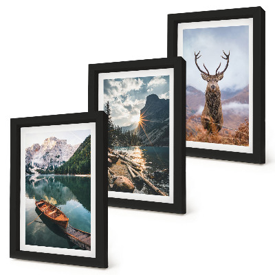 Triptyk tavla med ram Bergsjö båt solnedgång hjort i naturen