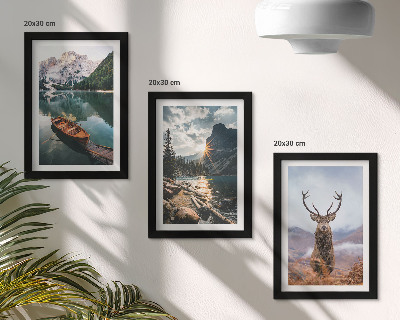 Triptyk tavla med ram Bergsjö båt solnedgång hjort i naturen