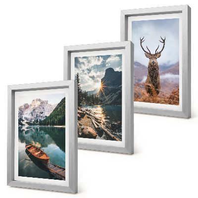 Triptyk tavla med ram Bergsjö båt solnedgång hjort i naturen