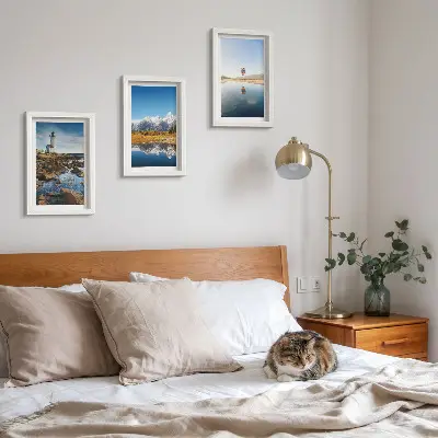 Posterpaket med naturmotiv av fyr, berg, sjö och ballong