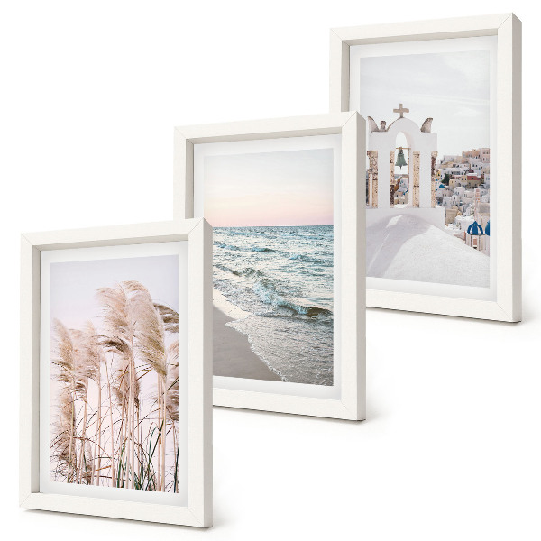 Triptyk tavla med ram Strandväxter, havsvågor, utsikt över vita hus