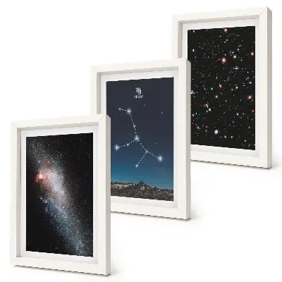 Tavelvägg med 3 tavlor med motiv av stjärnbilden Jungfrun och galaxvy