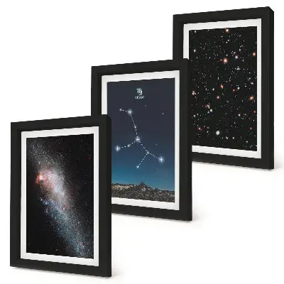 Tavelvägg med 3 tavlor med motiv av stjärnbilden Jungfrun och galaxvy