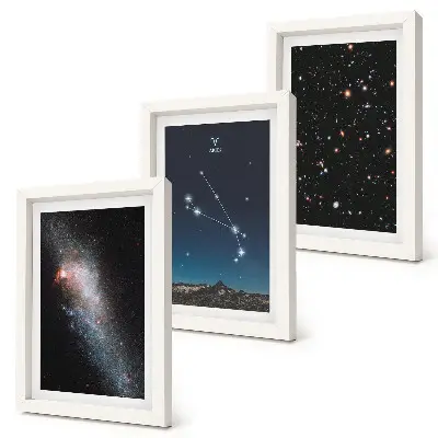 Tavelvägg med 3 tavlor med kosmiska landskap av galaxer och Vädurens stjärnbilder