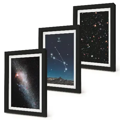 Tavelvägg med 3 tavlor med kosmiska landskap av galaxer och Vädurens stjärnbilder