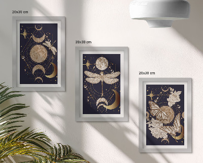Triptyk tavla med ram Naturmotiv med månen, rymden och blommor