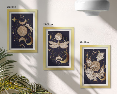 Triptyk tavla med ram Naturmotiv med månen, rymden och blommor
