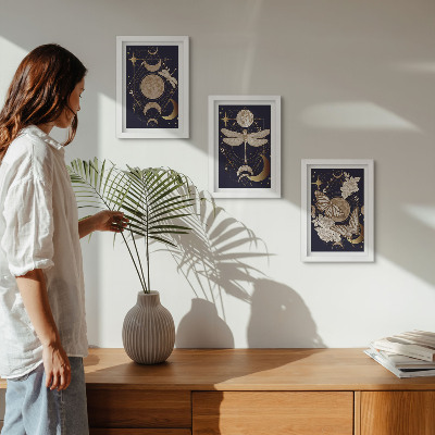 Triptyk tavla med ram Naturmotiv med månen, rymden och blommor