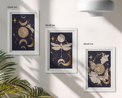 Triptyk tavla med ram Naturmotiv med månen, rymden och blommor