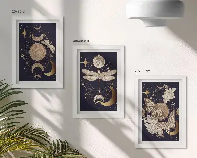 Triptyk med månen, rymden och blommor tavla med ram