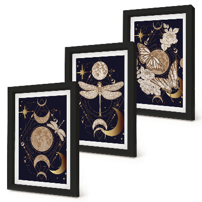 Triptyk tavla med ram Naturmotiv med månen, rymden och blommor