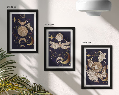 Triptyk tavla med ram Naturmotiv med månen, rymden och blommor