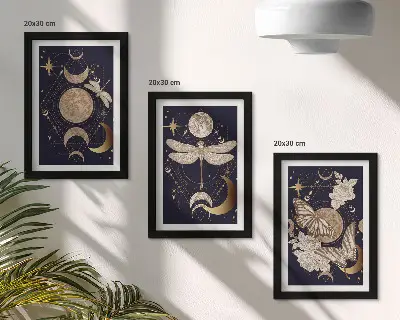 Triptyk med månen, rymden och blommor tavla med ram