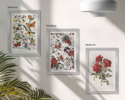 Tavelvägg med 3 tavlor Fjärilar, blommor och röda rosor i klassisk stil