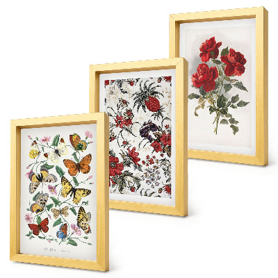 Tavelvägg med 3 tavlor Fjärilar, blommor och röda rosor i klassisk stil