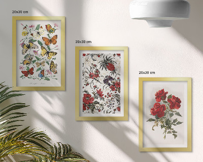 Tavelvägg med 3 tavlor Fjärilar, blommor och röda rosor i klassisk stil