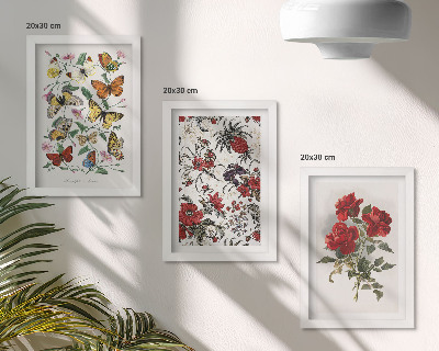 Tavelvägg med 3 tavlor Fjärilar, blommor och röda rosor i klassisk stil