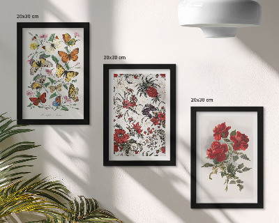 Tavelvägg med 3 tavlor Fjärilar, blommor och röda rosor i klassisk stil