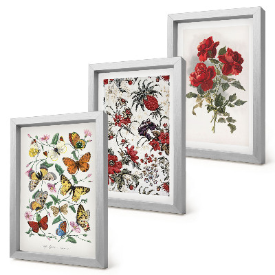 Tavelvägg med 3 tavlor Fjärilar, blommor och röda rosor i klassisk stil